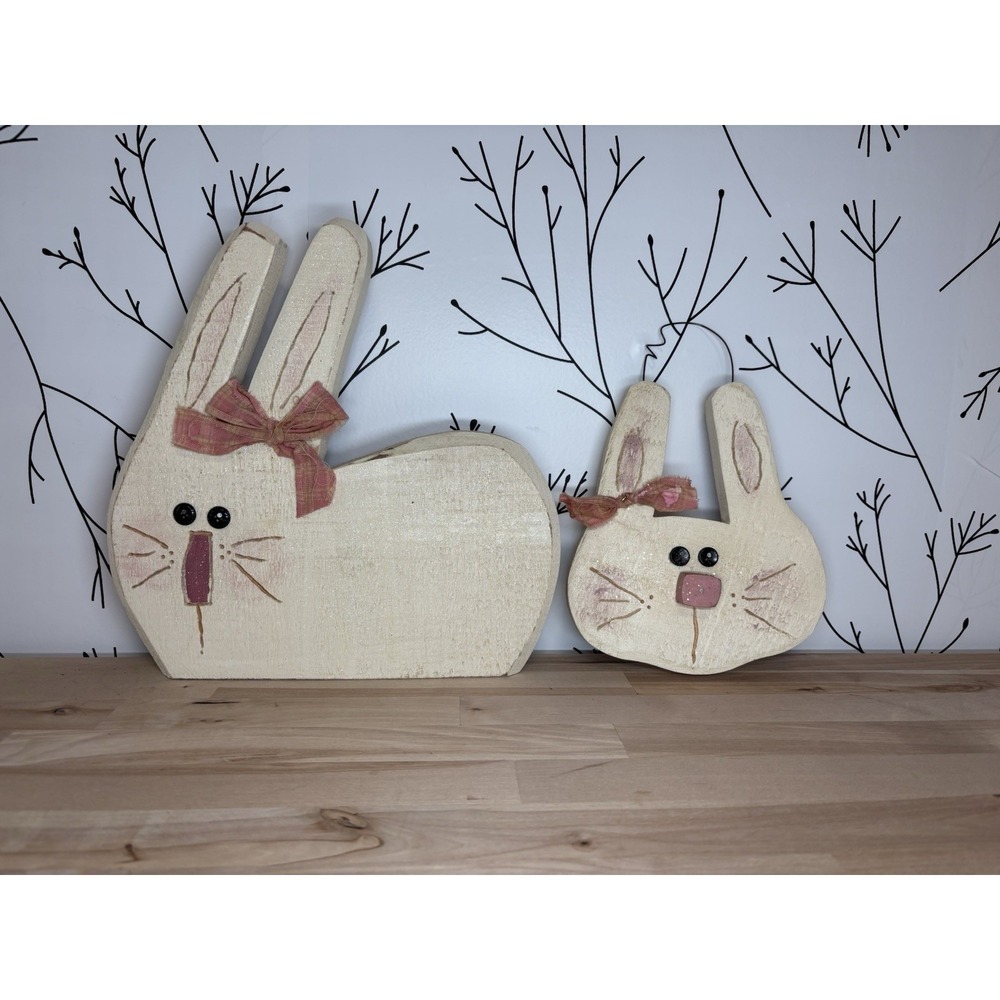 Rustic Handmade Wood‎ Bunny Figurines Set of 2 with Pink Bows Easter Decor Cute